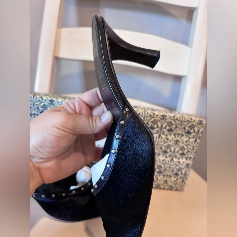 Vintage A. Marinelli black calf hair mules pointed toe  silver tone studs - Picture 7 of 7